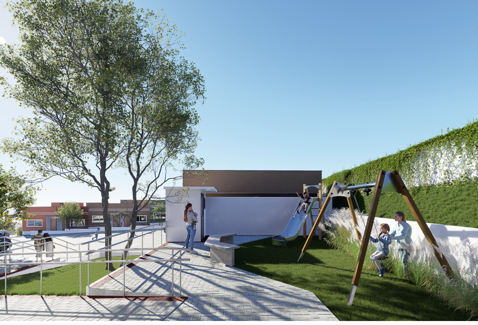 Área de lazer infantil com playground e espaço verde