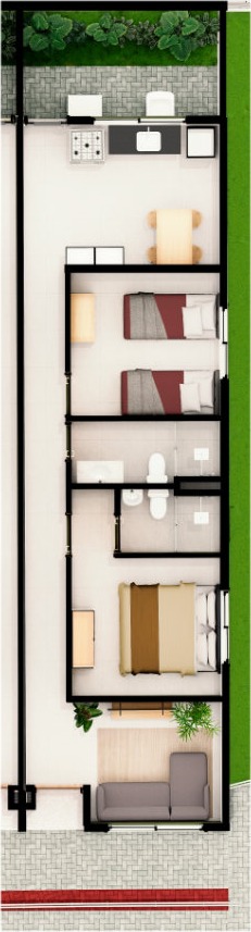 Planta humanizada vertical do Tipo 1: dois quartos, sendo uma suíte, e dois banheiros