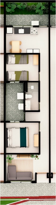 Planta humanizada vertical do Tipo 2: dois quartos, um banheiro, jardim de inverno e lavanderia externa